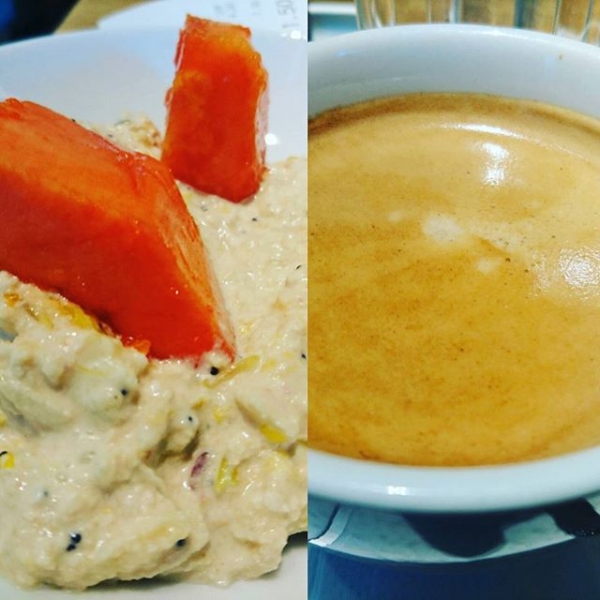 Breakfast time. Bircher muesli with coffee at